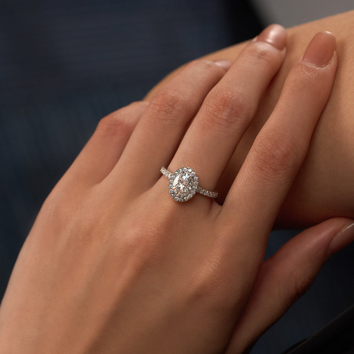 Oval Moissanite Halo Pave Band Ring - NavianJewelry™