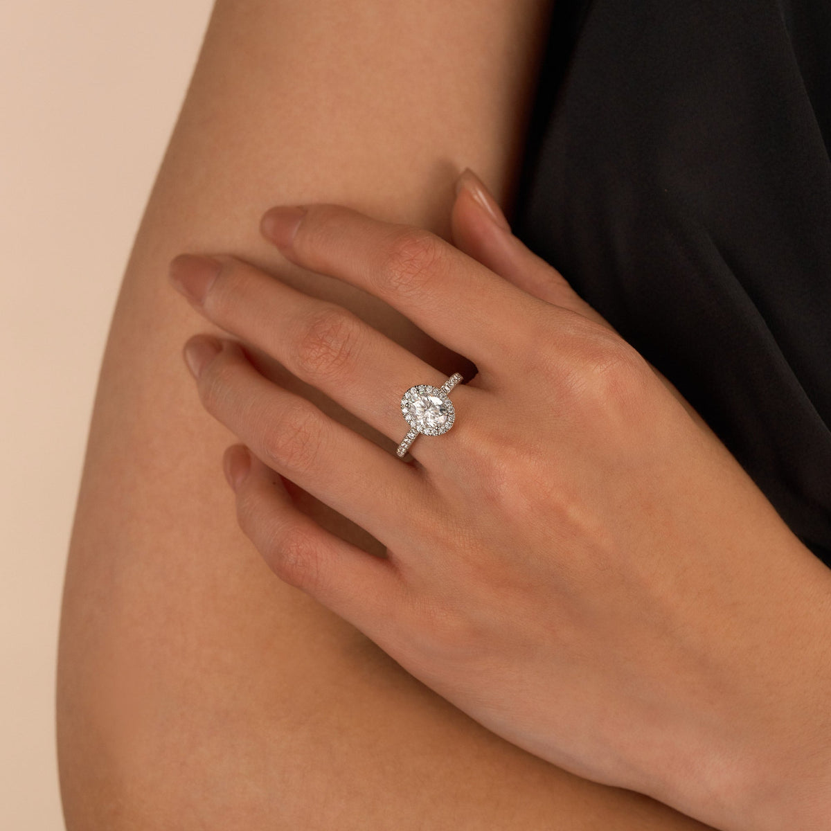 Oval Moissanite Halo Pave Band Ring - NavianJewelry™