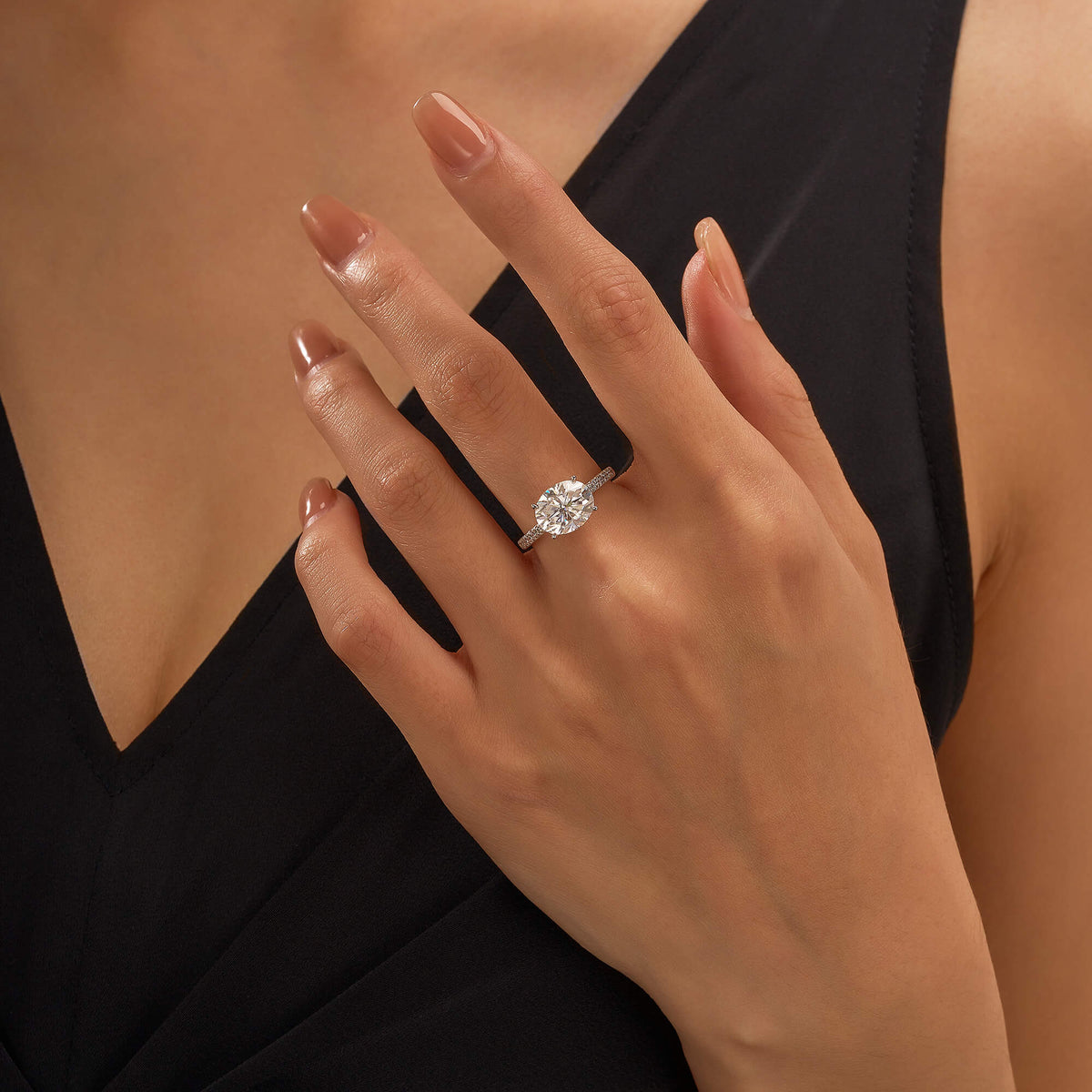 Sideways Oval Moissanite Ring with Pavé Band - NavianJewelry™