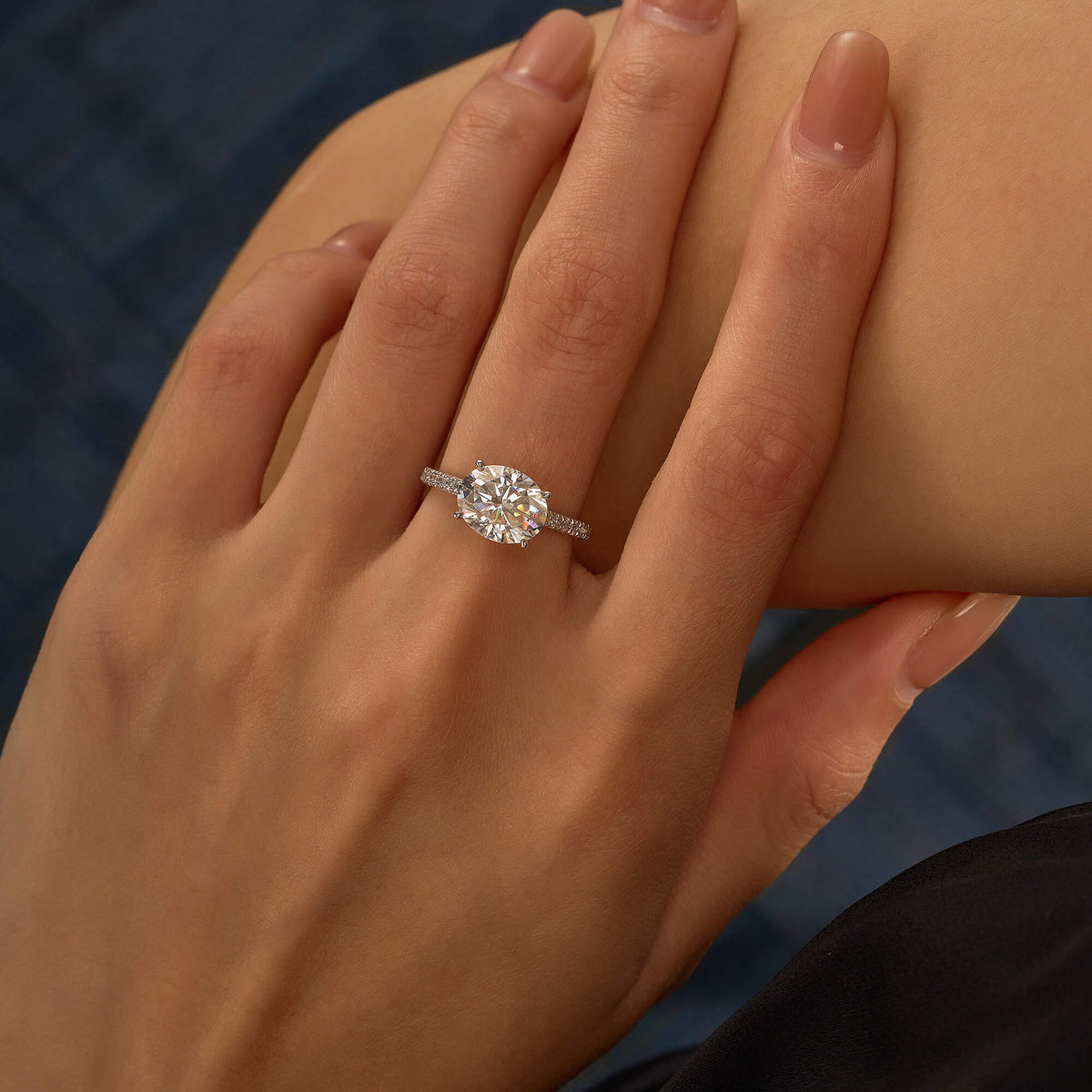 Sideways Oval Moissanite Ring with Pavé Band - NavianJewelry™