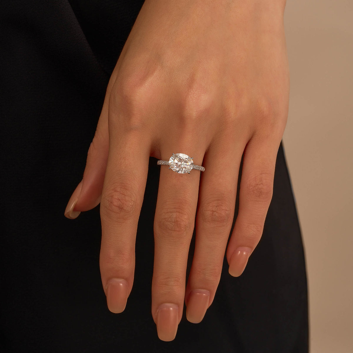 Sideways Oval Moissanite Ring with Pavé Band - NavianJewelry™