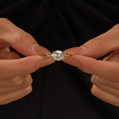 Sideways Oval Moissanite Ring with Pavé Band - NavianJewelry™