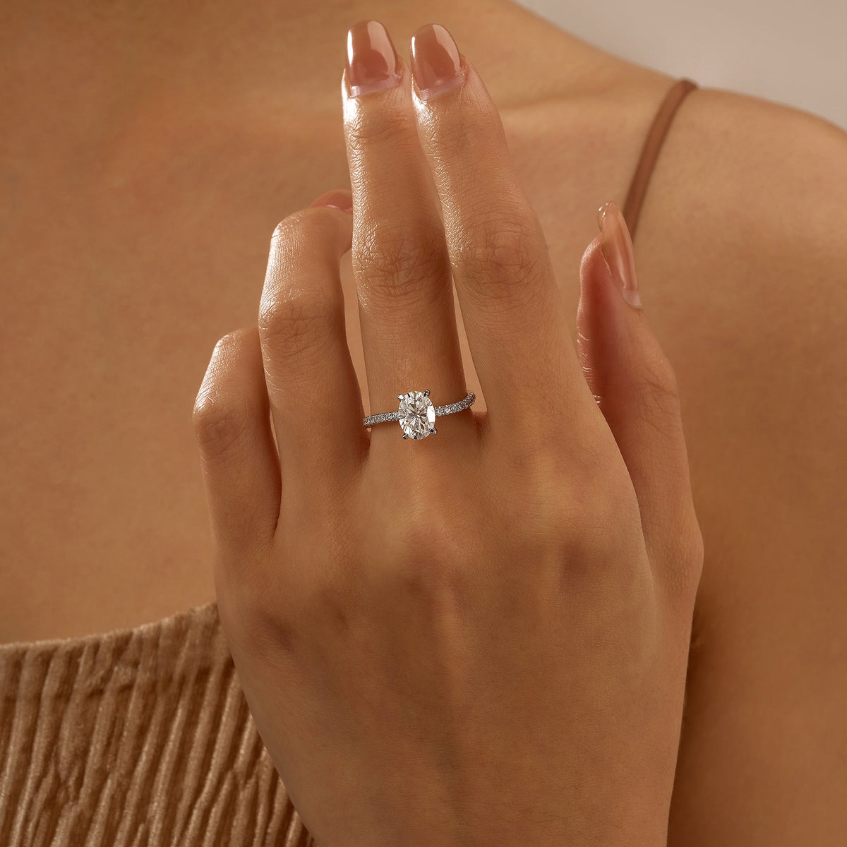 Oval Cut Moissanite Ring with Half Pavé Wave Band - NavianJewelry™