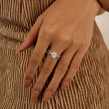 Oval Moissanite Engagement Ring with Crossover Pavé Band - NavianJewelry™