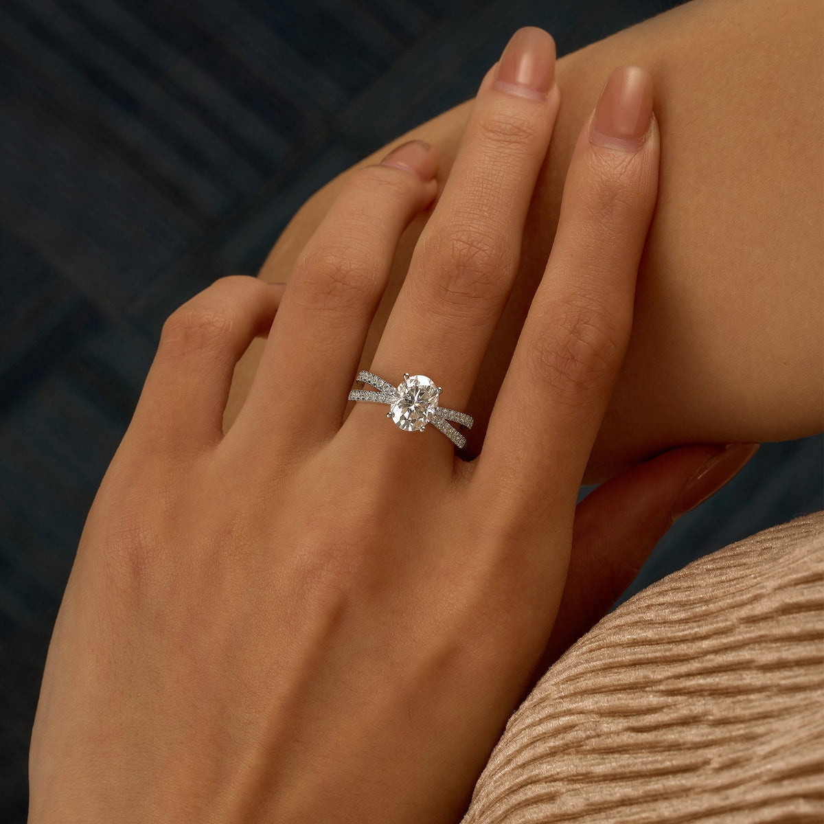 Oval Moissanite Engagement Ring with Crossover Pavé Band - NavianJewelry™