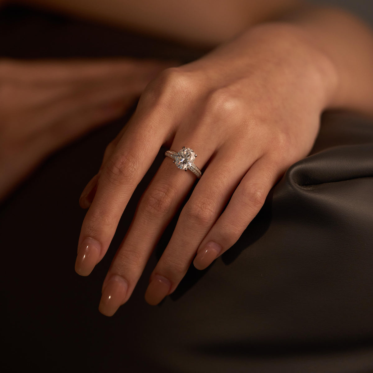 Oval Moissanite Engagement Ring with Pavé Double Row Band - NavianJewelry™