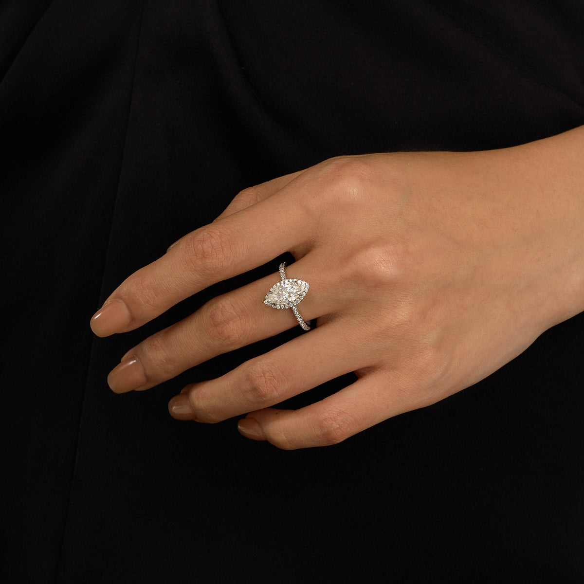 Marquise Halo Moissanite Engagement Ring with Pave Band - NavianJewelry™