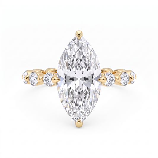 Marquise Moissanite Ring with Hidden Halo and Cluster Band
