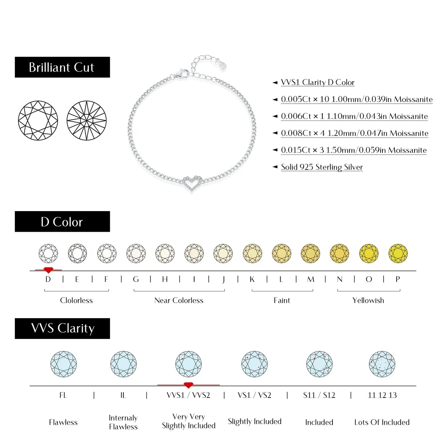 NAVIAN® Moissanite Romantic Heart Bracelets - Sterling Silver