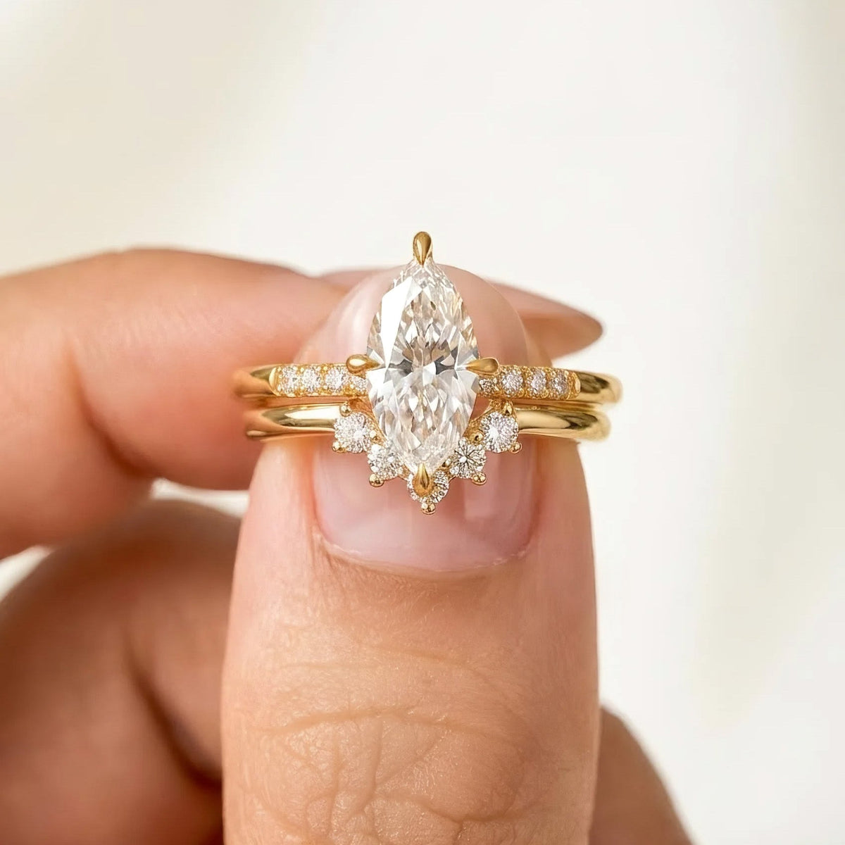 Marquise Cut Moissanite Engagement Ring and Curved Band Set