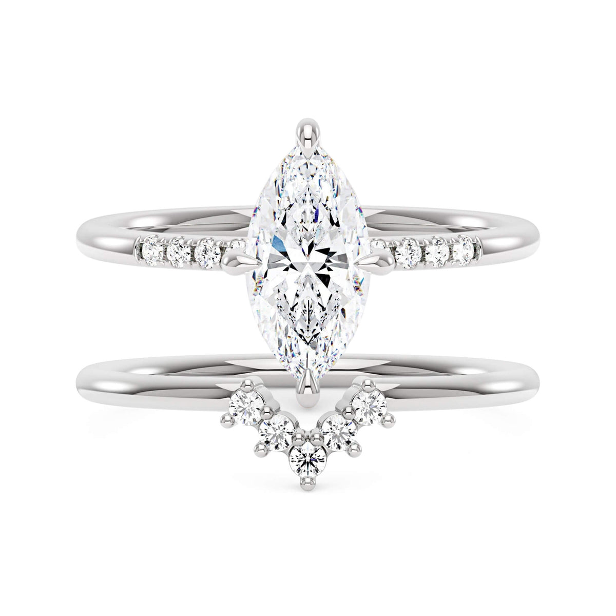 Marquise Cut Moissanite Engagement Ring and Curved Band Set