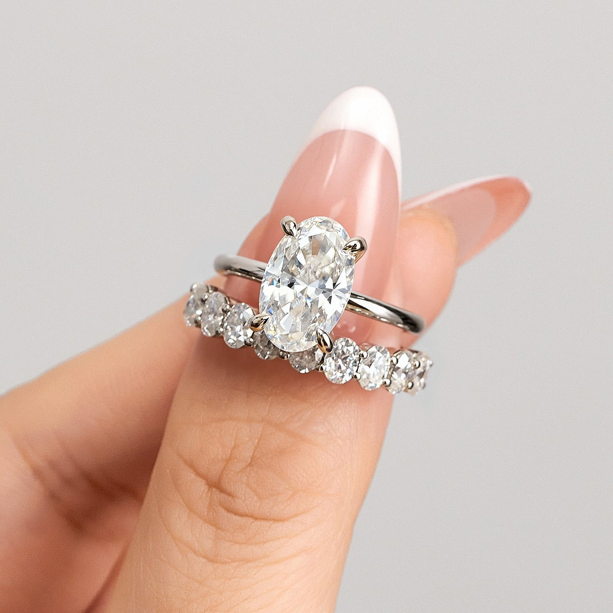 Oval Cut Moissanite Engagement Ring and Half Eternity Band Bridal Ring Set