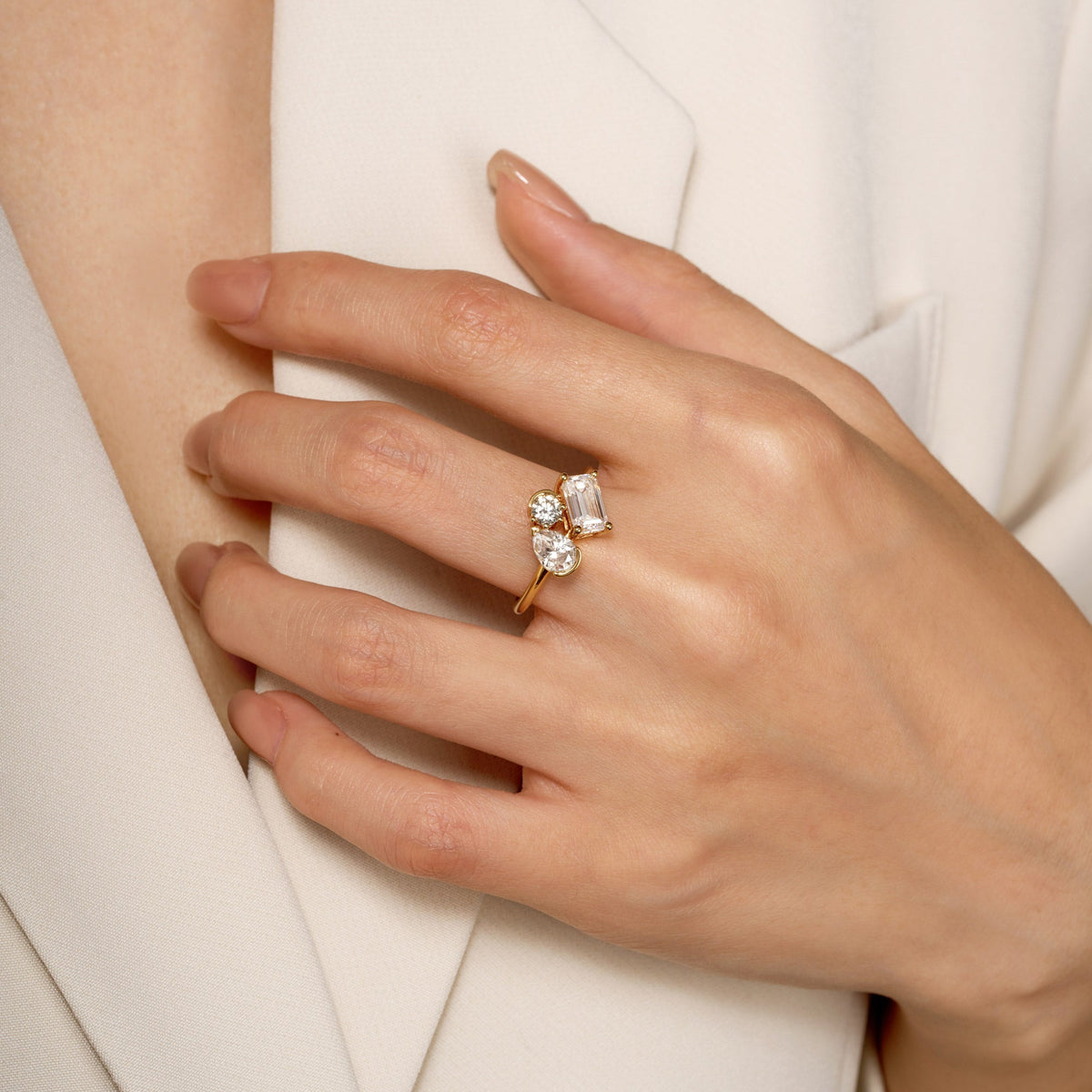 Pear Round Emerald Moissanite Three-Stone Ring - NavianJewelry™