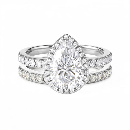 Pear Shaped Teardrop Moissanite Halo Pave Bridal Set