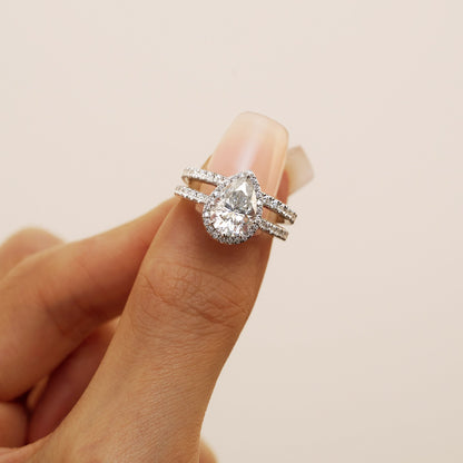 Pear Shaped Teardrop Moissanite Halo Pave Bridal Set