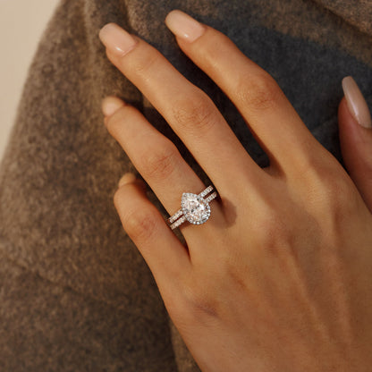 Pear Shaped Teardrop Moissanite Halo Pave Bridal Set