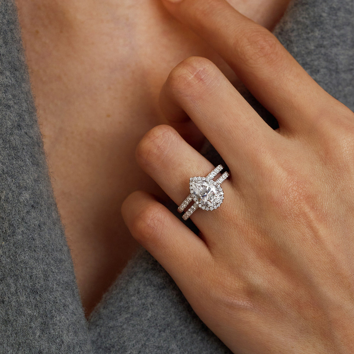 Pear Shaped Teardrop Moissanite Halo Pave Bridal Set