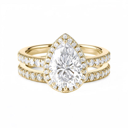 Pear Shaped Teardrop Moissanite Halo Pave Bridal Set