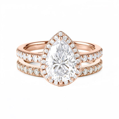 Pear Shaped Teardrop Moissanite Halo Pave Bridal Set